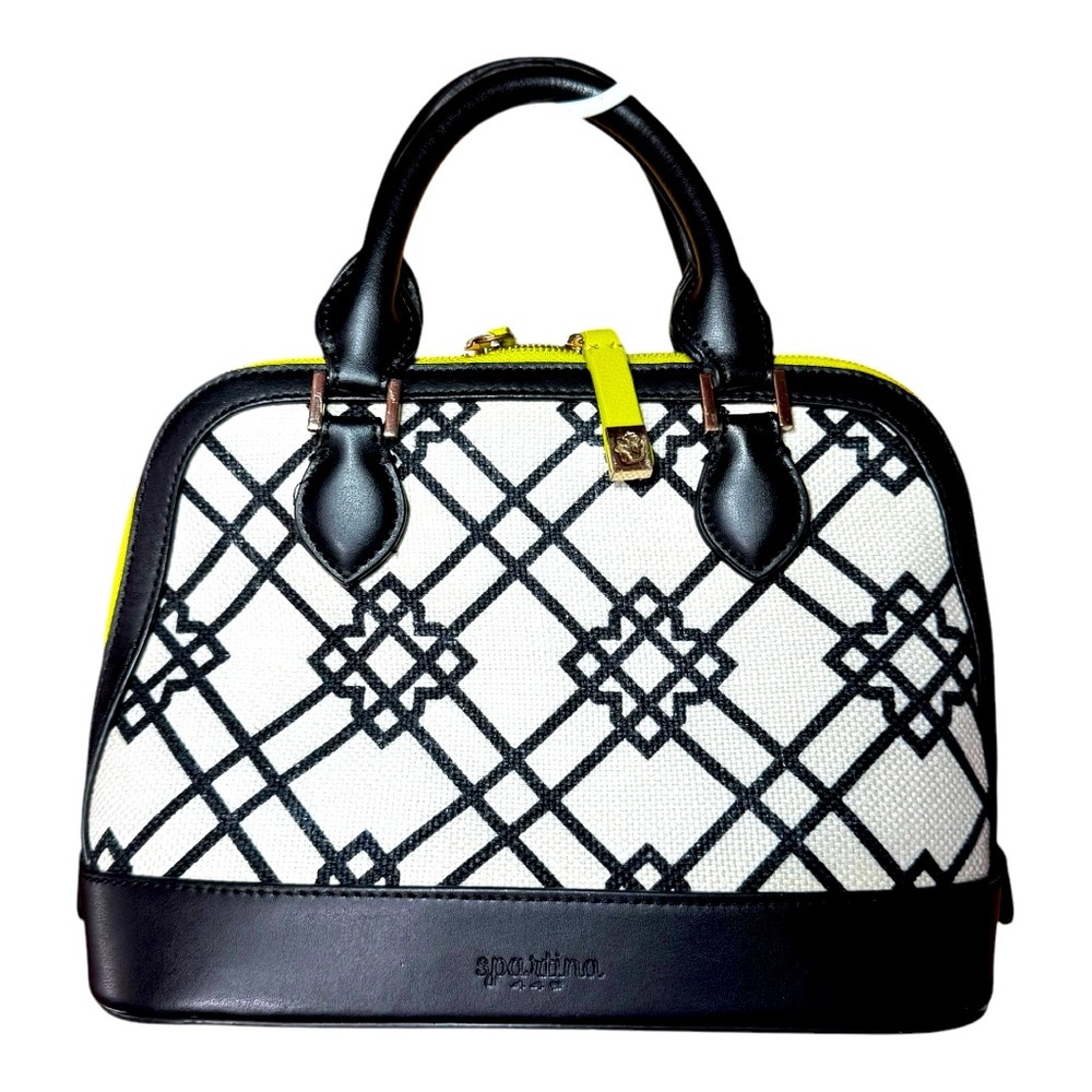 SPARTINA 449 Seven Oaks Bowler Satchel Black and White Linen and Leather Handbag